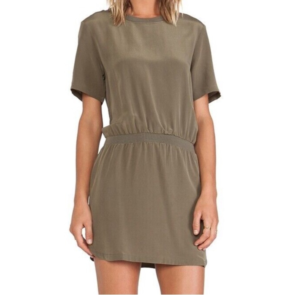 Anine Bing Revolve Short Sleeve 100% Silk Olive Green Lightweight Mini Dress XS